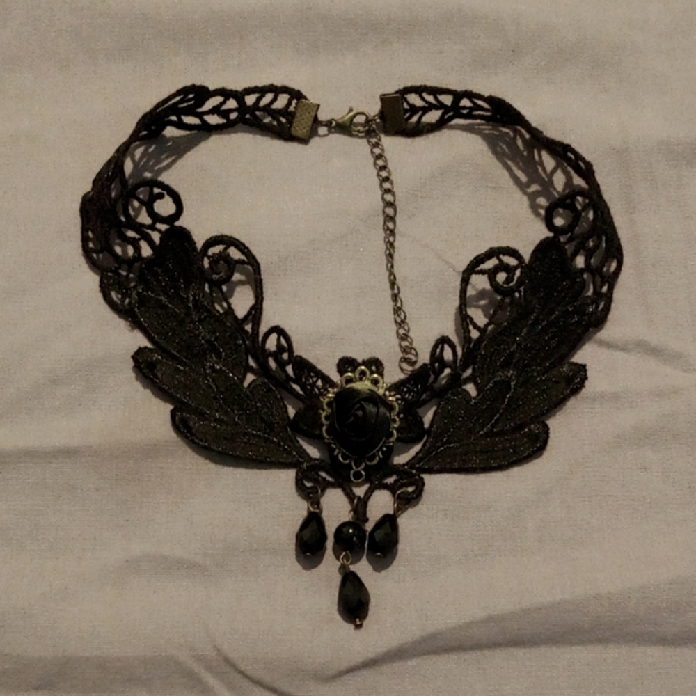 Elegant Black Lace Rose Choker Necklace * Black Beads * Black Rose Choker